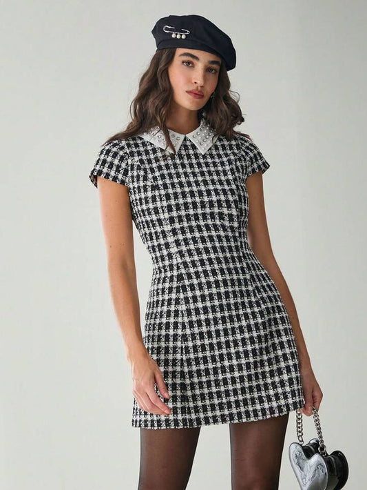 CM-DS151631 Women Elegant Seoul Style Houndstooth Contrast Collar Short Sleeve Mini Dress - Black