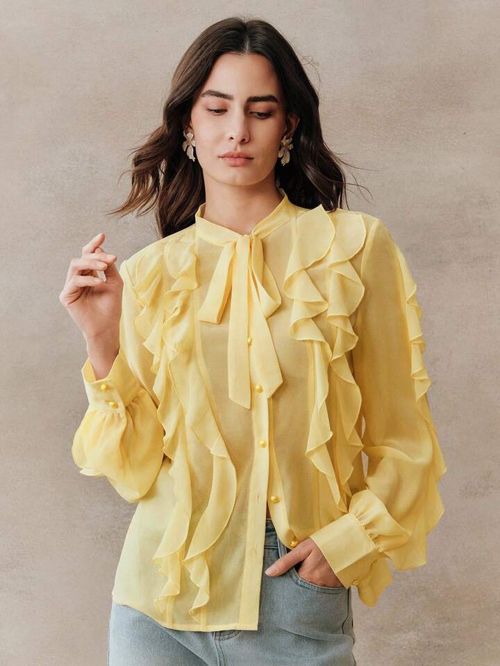 CM-TS521178 Women Elegant Seoul Style Minimalist Tie-Front Ruffle Trim Long Sleeve Blouse - Yellow