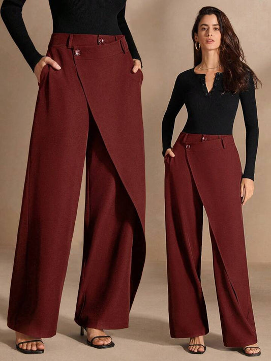 CM-BS439342 Women Elegant Seoul Style Asymmetrical Draping Cross-Wrap Pockets Straight-Leg Pants - Red