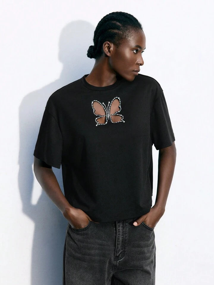 CM-TS355535 Women Casual Seoul Style Heart Hollow Out Drop Shoulder Loose T-Shirt - Black