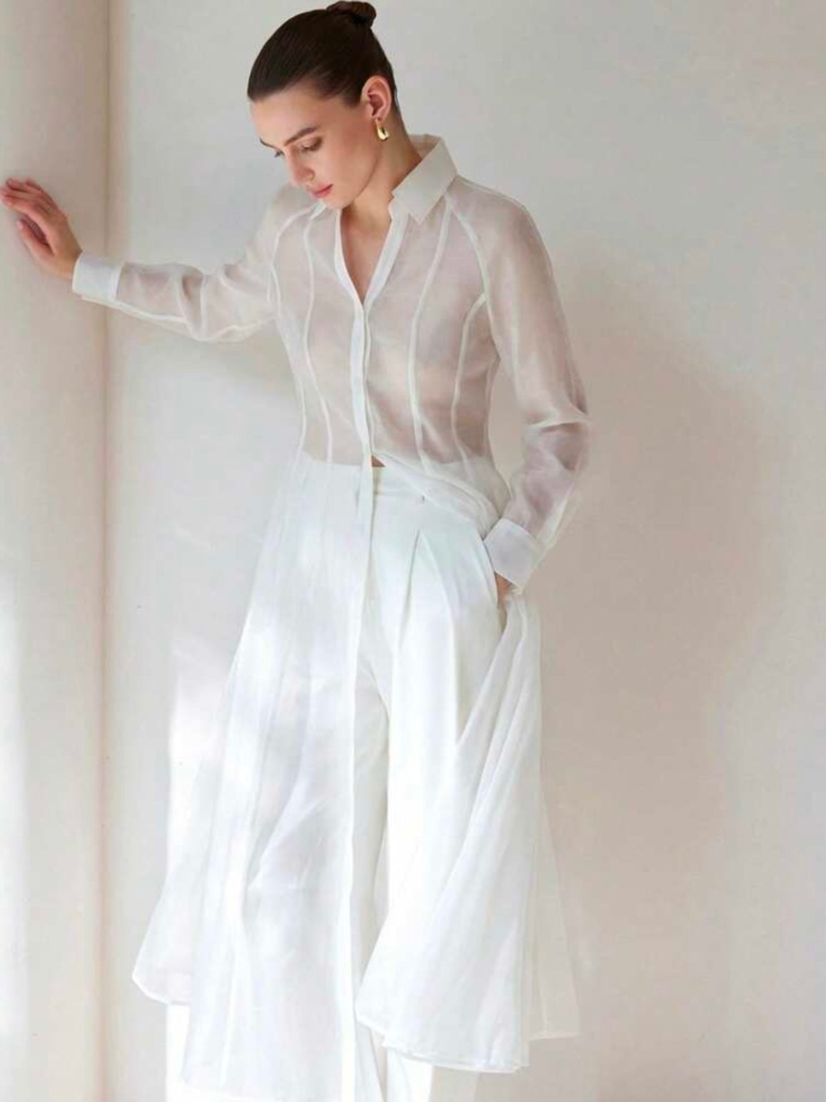 CM-TS744413 Women Casual Seoul Style Translucent Textured V-Neck Long Sleeve Gathered Waist Shirtdress - White