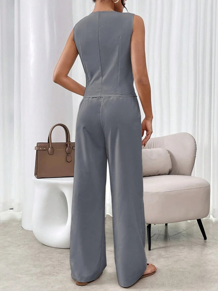 CM-SS914049 Women Casual Seoul Style V-Neck Sleeveless Single Breasted Suit Vest With Long Pants - Gray