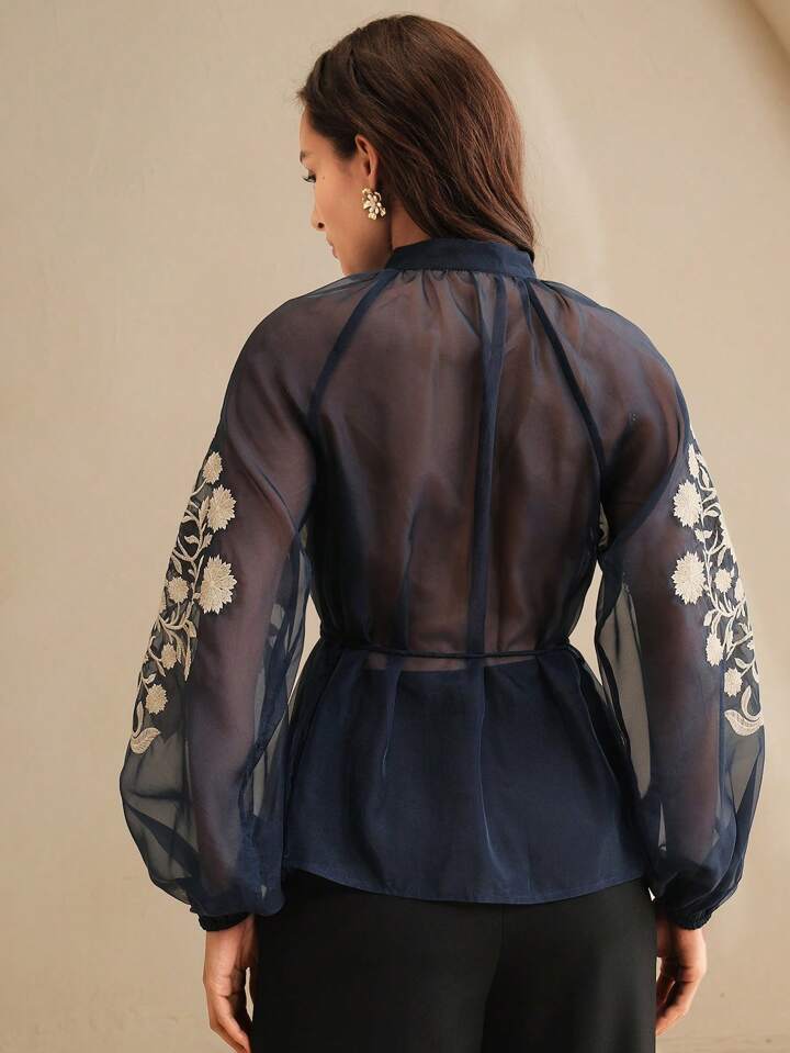 CM-TS591697 Women Elegant Seoul Style Stand Collar Long Sleeve Pleated Embroidered Tie Waist Blouse - Navy Blue