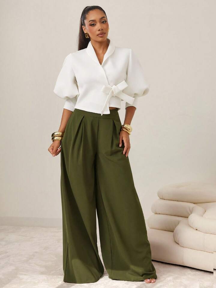 CM-TS619000 Women Elegant Seoul Style Solid Color Puff Sleeve Self Tie Wrap Around Top - White