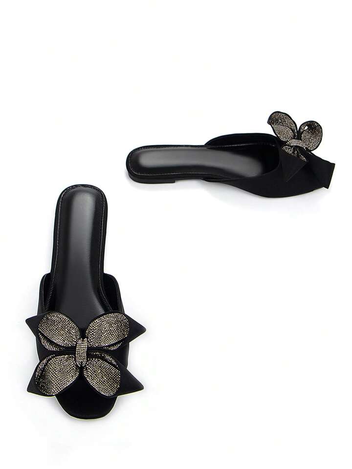 CM-SHS999479 Women Trendy Seoul Style 3D Rhinestone Floral Bow Decor Square Toe Mule Sandals - Black