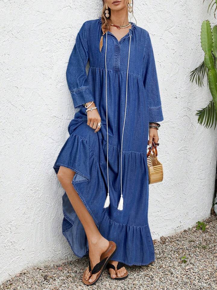 CM-DS659151 Women Trendy Bohemian Style Medium Wash Round Neck 3/4 Sleeve Loose Long Denim Dress