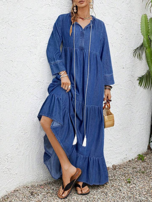 CM-DS659151 Women Trendy Bohemian Style Medium Wash Round Neck 3/4 Sleeve Loose Long Denim Dress