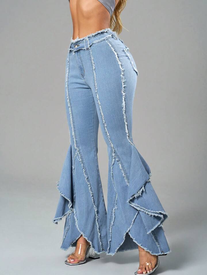 CM-BS291409 Women Casual Seoul Style Light Wash Raw Edge High-Waist Flared Denim Jeans
