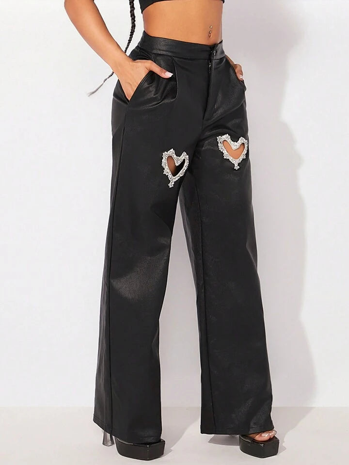 CM-BS512816 Women Elegant Seoul Style Heart Cut-Out Rhinestone Decor Straight Leg Pants - Black
