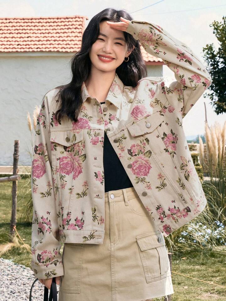 CM-CS898813 Women Casual Seoul Style Floral Print Drop Shoulder Flap Pocket Denim Jacket - Apricot