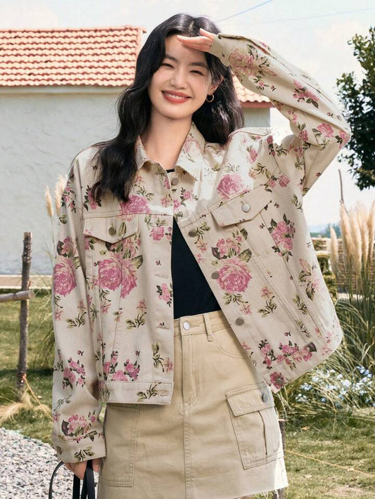 CM-CS898813 Women Casual Seoul Style Floral Print Drop Shoulder Flap Pocket Denim Jacket - Apricot