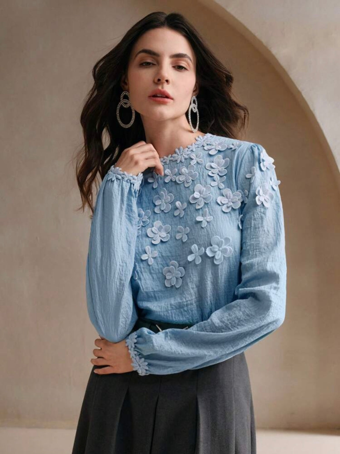 CM-TS969793 Women Elegant Seoul Style Embellished Textural Floral Lantern Sleeve Blouse - Blue