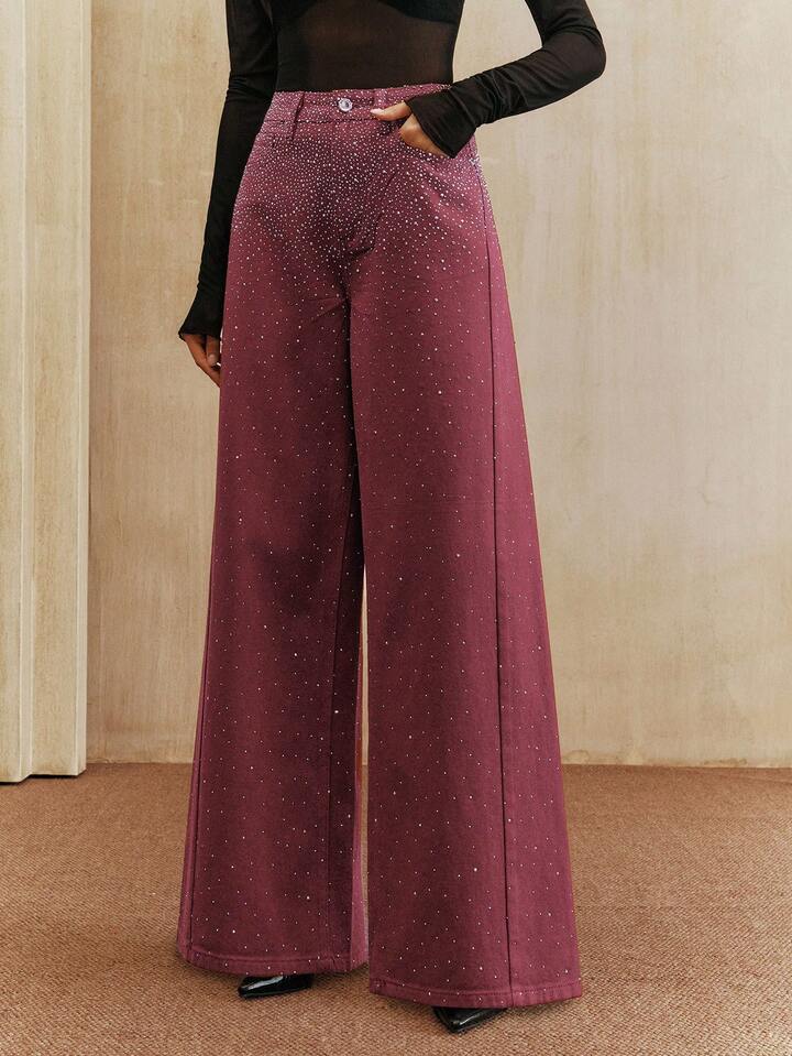 CM-BS349219 Women Elegant Seoul Style Mid Waist Baggy Flared Leg Pants - Burgundy