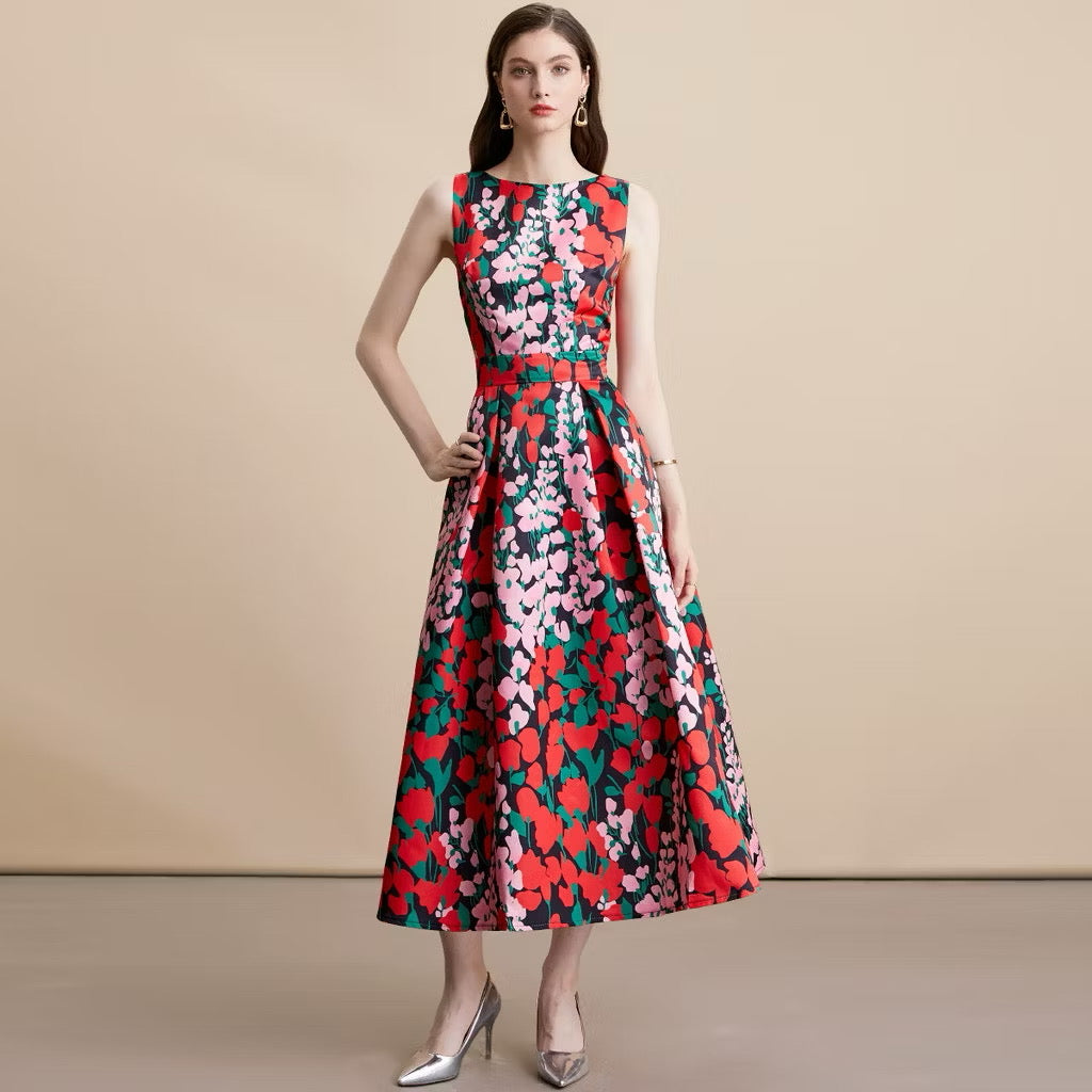 CM-DY054159 Women Elegant European Style Round Neck Sleeveless Pinched Waist A-Line Midi Dress