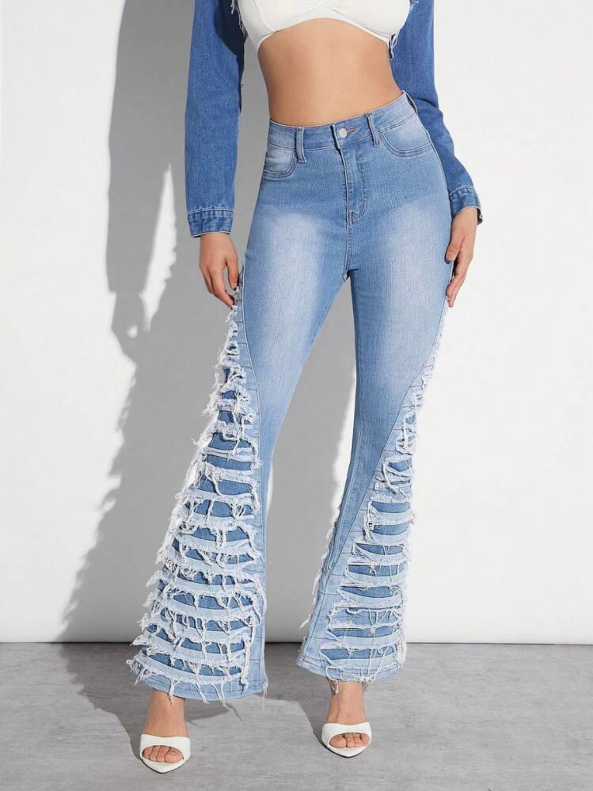 CM-BS802817 Women Casual Seoul Style Medium Wash Ripped Layered Panel Flare Leg Jeans