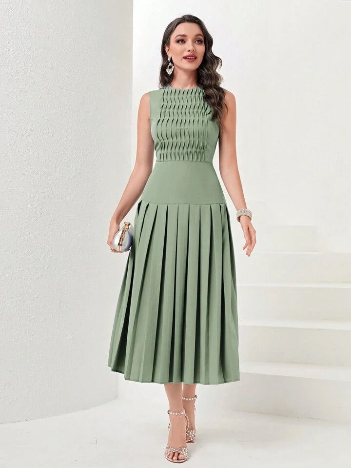 CM-DS782640 Women Elegant Seoul Style Sleeveless Solid Pleated Hem Dress - Green