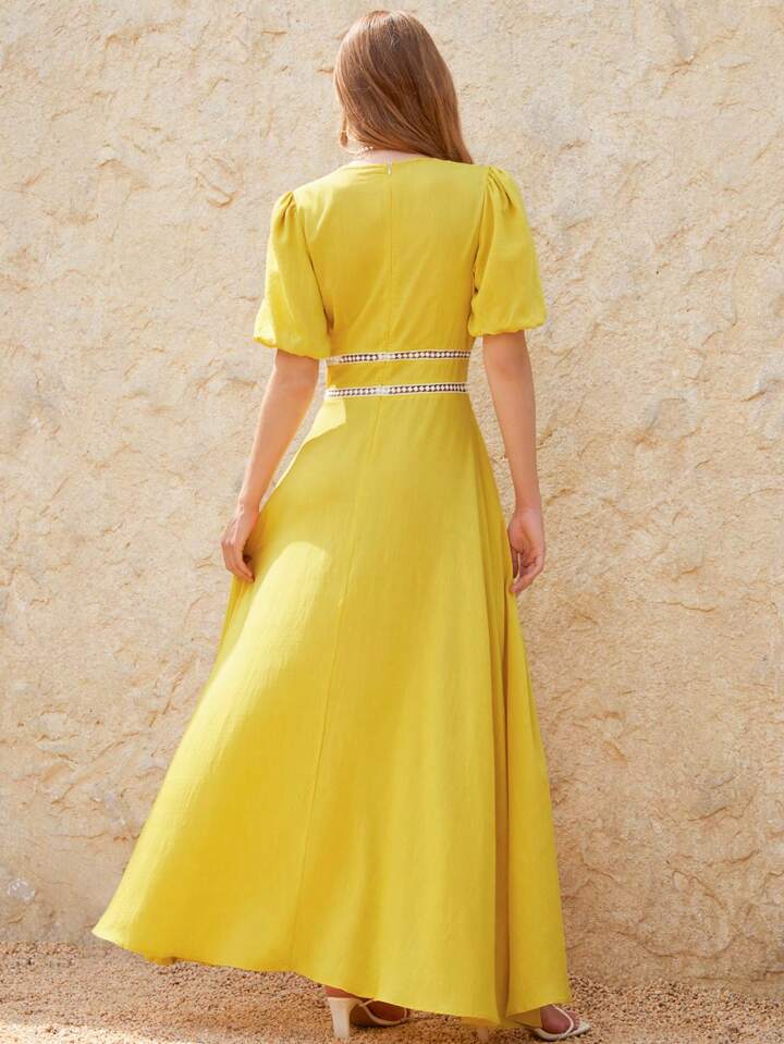 CM-DS142917 Women Elegant Seoul Style Knot V-Neck Patchwork Ruffle Trim Short Sleeve Dress - Yellow