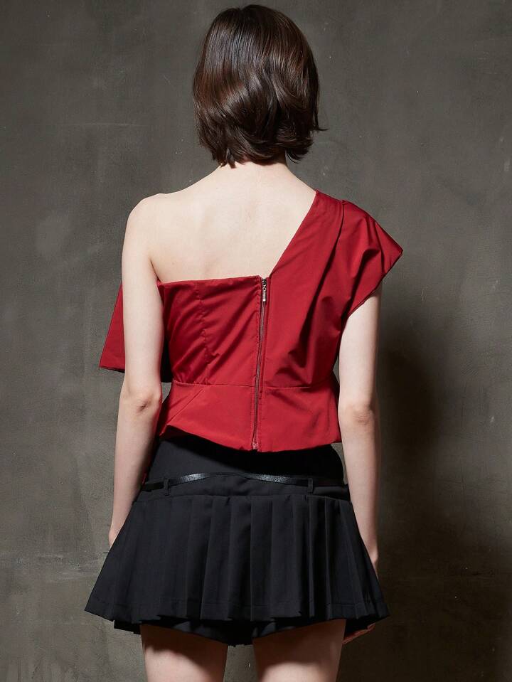 CM-TS757520 Women Casual Seoul Style Front Bow Asymmetrical Collar Blouse - Red