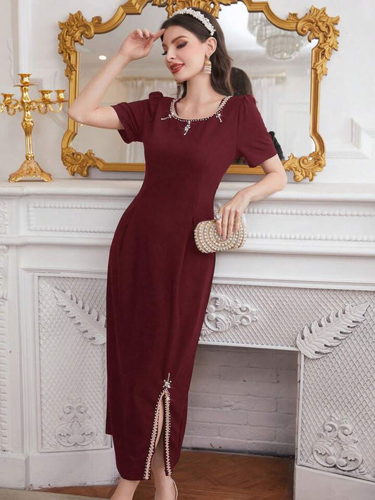 CM-DS510354 Women Elegant Seoul Style Rhinestone Stud Embellished Split Hem Maxi Dress