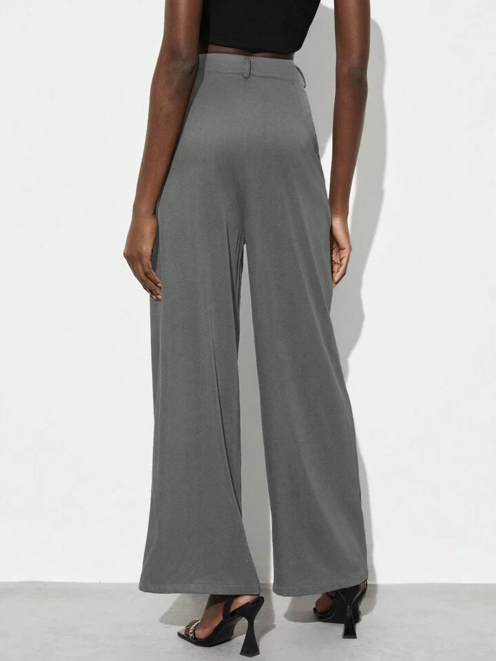 CM-BS830444 Women Elegant Seoul Style Colorblock Asymmetrical High Waist Pants - Dark Gray