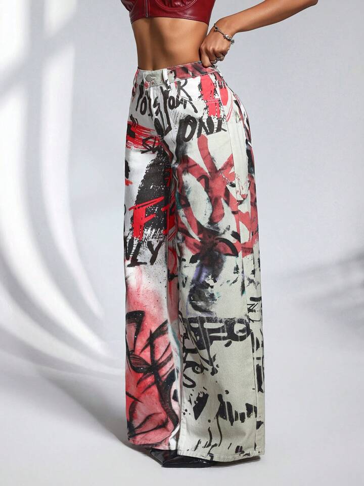 CM-BS645242 Women Casual Seoul Style Mid Waist All-Over Print Wide Leg Denim Long Pants