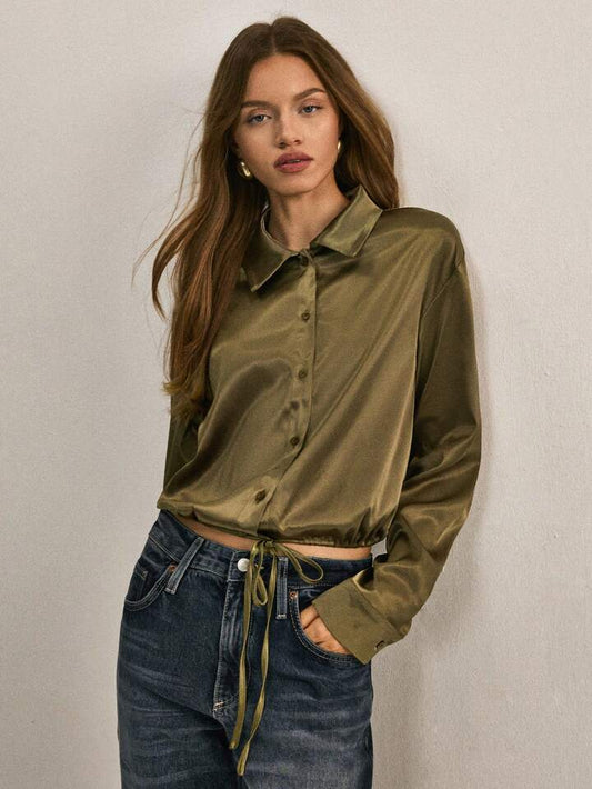 CM-TS161793 Women Elegant Seoul Style Collar Neckline Long Sleeve Drawstring Satin Blouse - Green