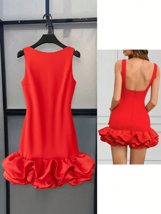 CM-DS336427 Women Elegant Seoul Style Round Neck Sleeveless Ruffle Hem Short A-Line Dress - Red