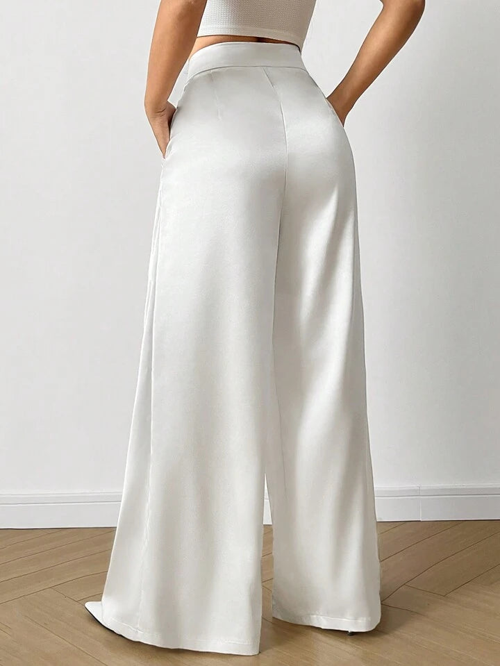 CM-BS196929 Women Casua Seoul Style Solid Color Pleated Wide Leg Trousers - White