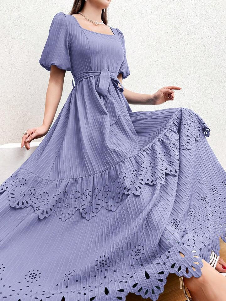CM-DS324942 Women Casual Seoul Style Square Neck Puff Sleeve A-Line Dress - Mauve Purple