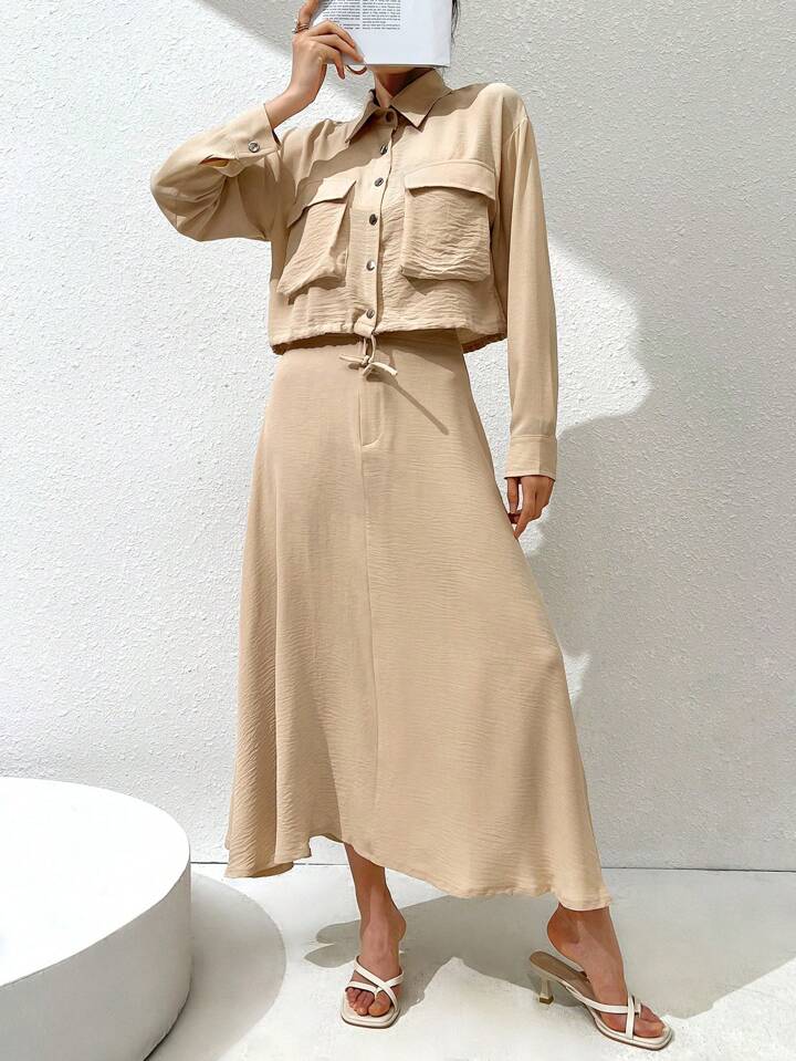 CM-SS075247 Women Casual Seoul Style Minimal Collared Long Sleeve Top With A-Line Maxi Skirt - Set