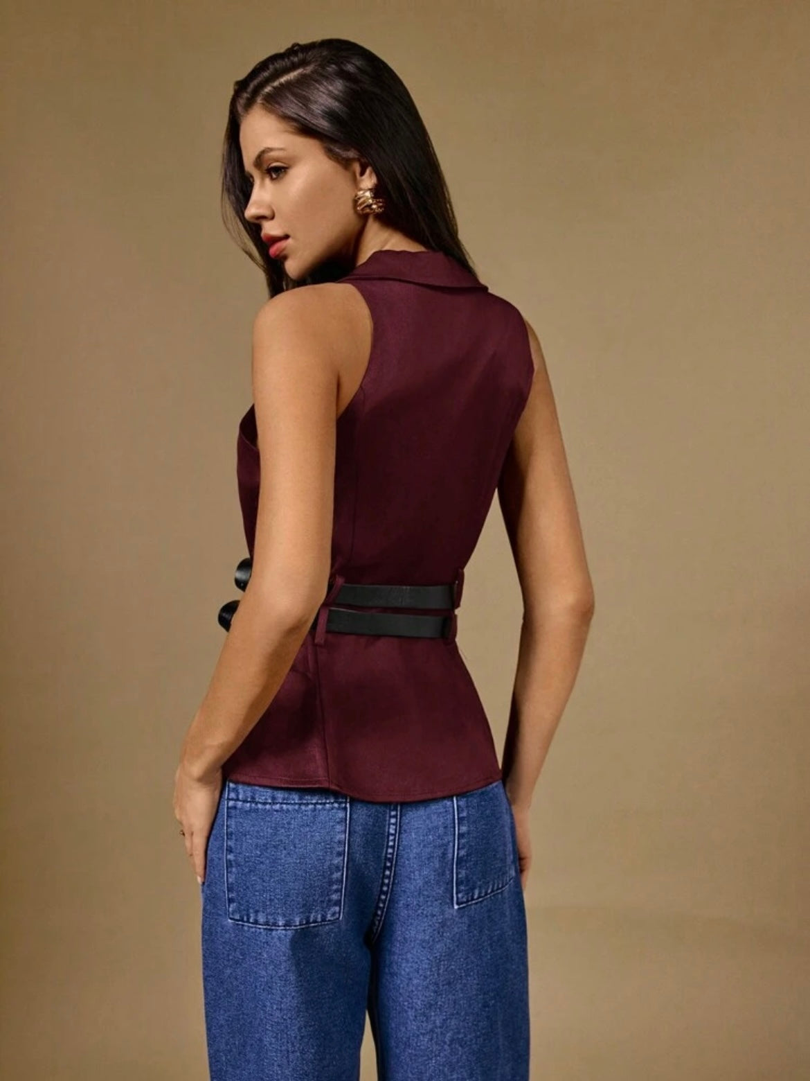 CM-TS250815 Women Casual Seoul Style Solid Color V-Neck Belted Sleeveless Blouse - Burgundy