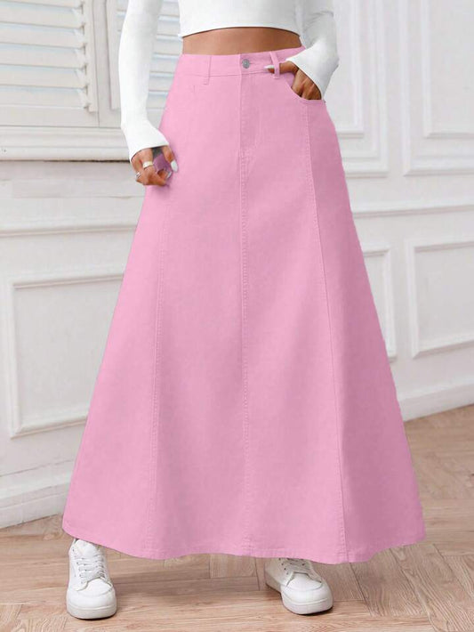 CM-BS696212 Women Casual Seoul Style Solid Color Front Button Pocket Denim Midi Skirt - Pink