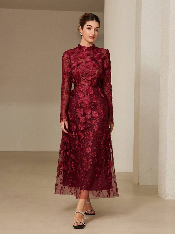 CM-DS735113 Women Elegant Seoul Style Stand Collar Cinched Waist 3D Floral Embroidery Dress - Red Violet