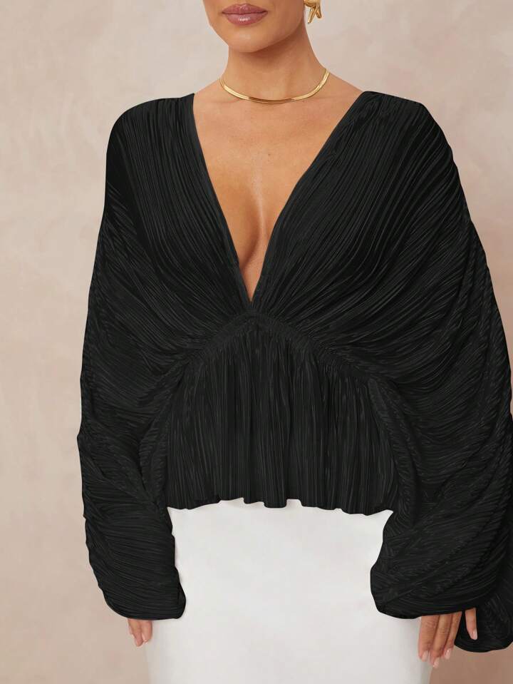 CM-TS291833 Women Elegant Seoul Style Deep V-Neck Long Sleeve Loose Fit Ruffled Hem  Oversized Blouse - Black