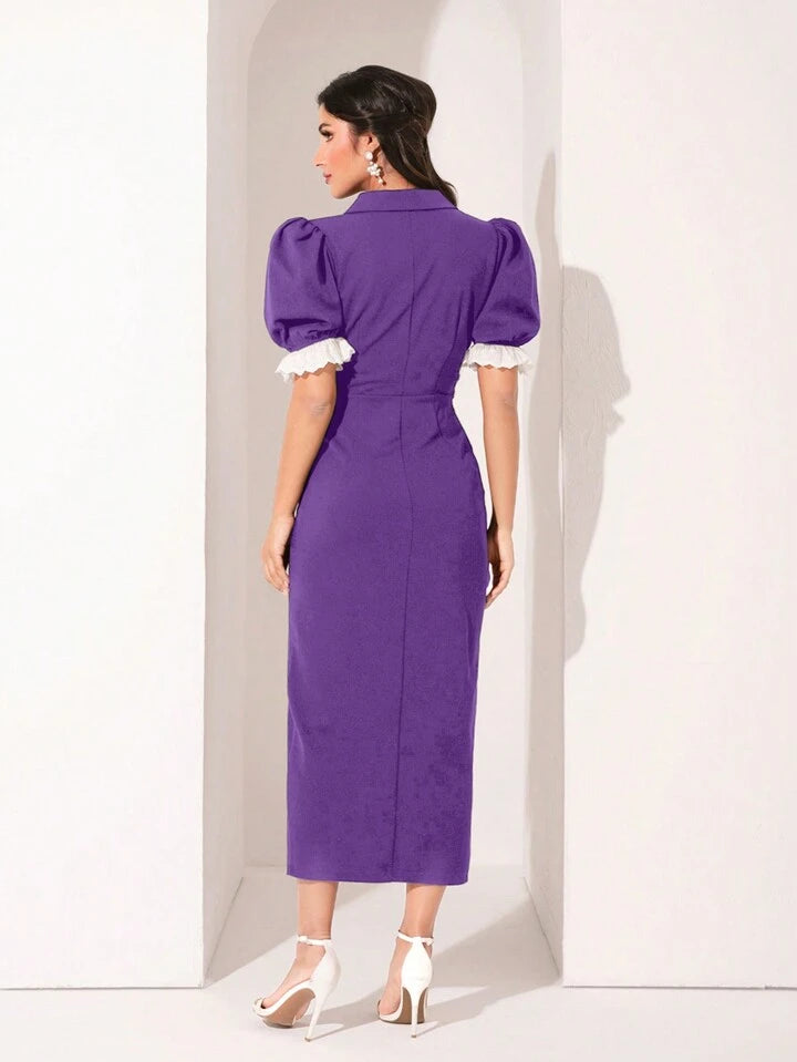 CM-DS068804 Women Elegant Seoul Style Lace Patchwork Double-Breasted Puff Sleeve Dress - Purple