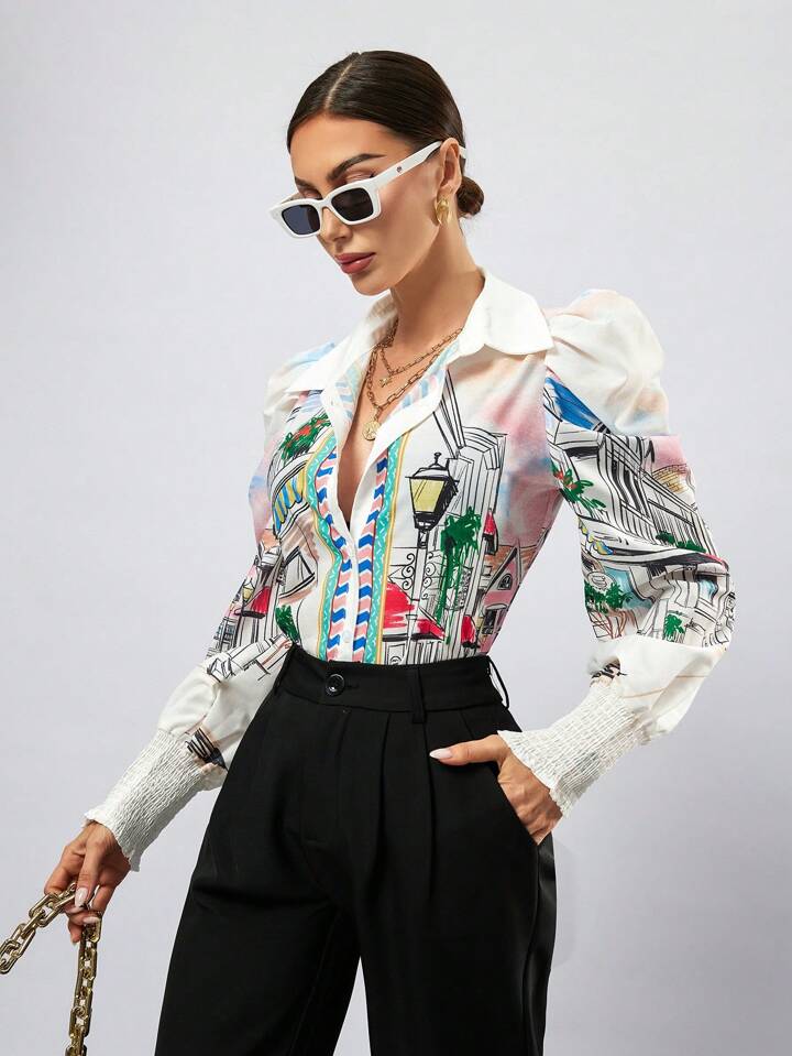 CM-TS810343 Women Casual Seoul Style Painting Print Button Down Long Sleeve Shirt