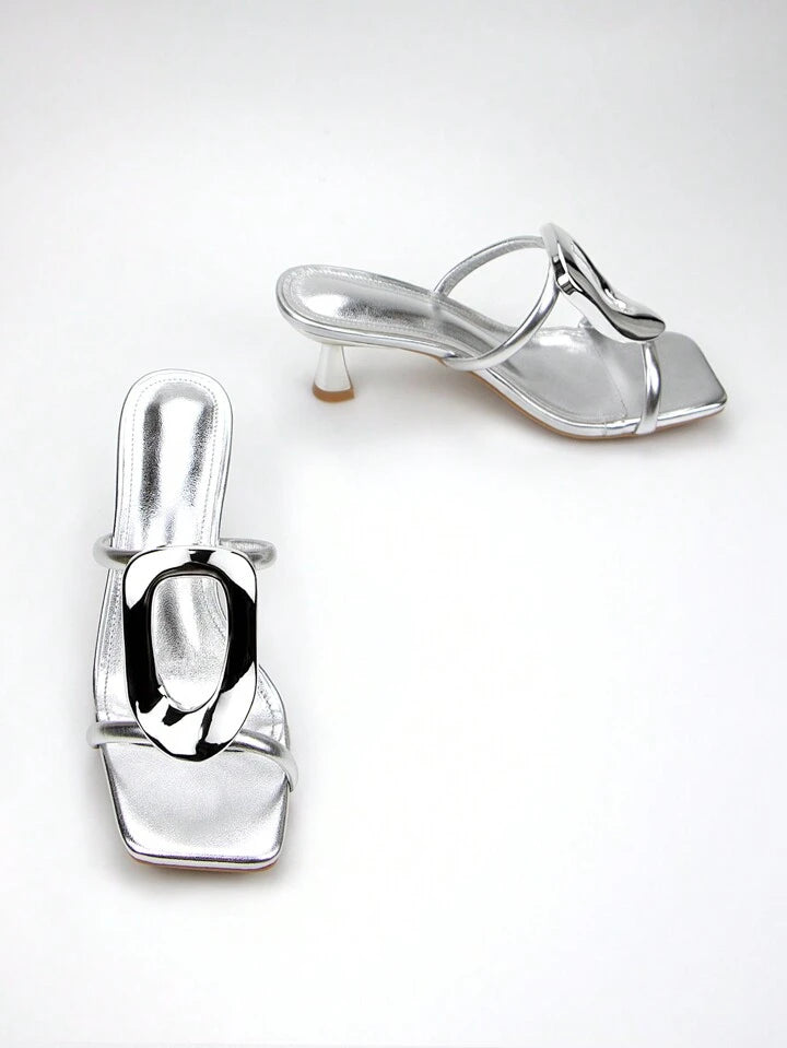 CM-SHS263007 Women Trendy Seoul Style Metallic Buckle Decor Open Toe Mid Heel Mules - Silver