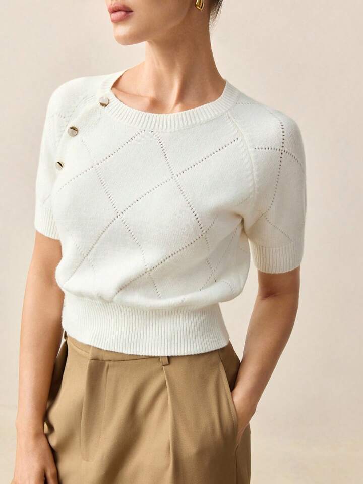 CM-TS942549 Women Casual Seoul Style Solid Color Round Neck Short Sleeve Knit Blouse - White