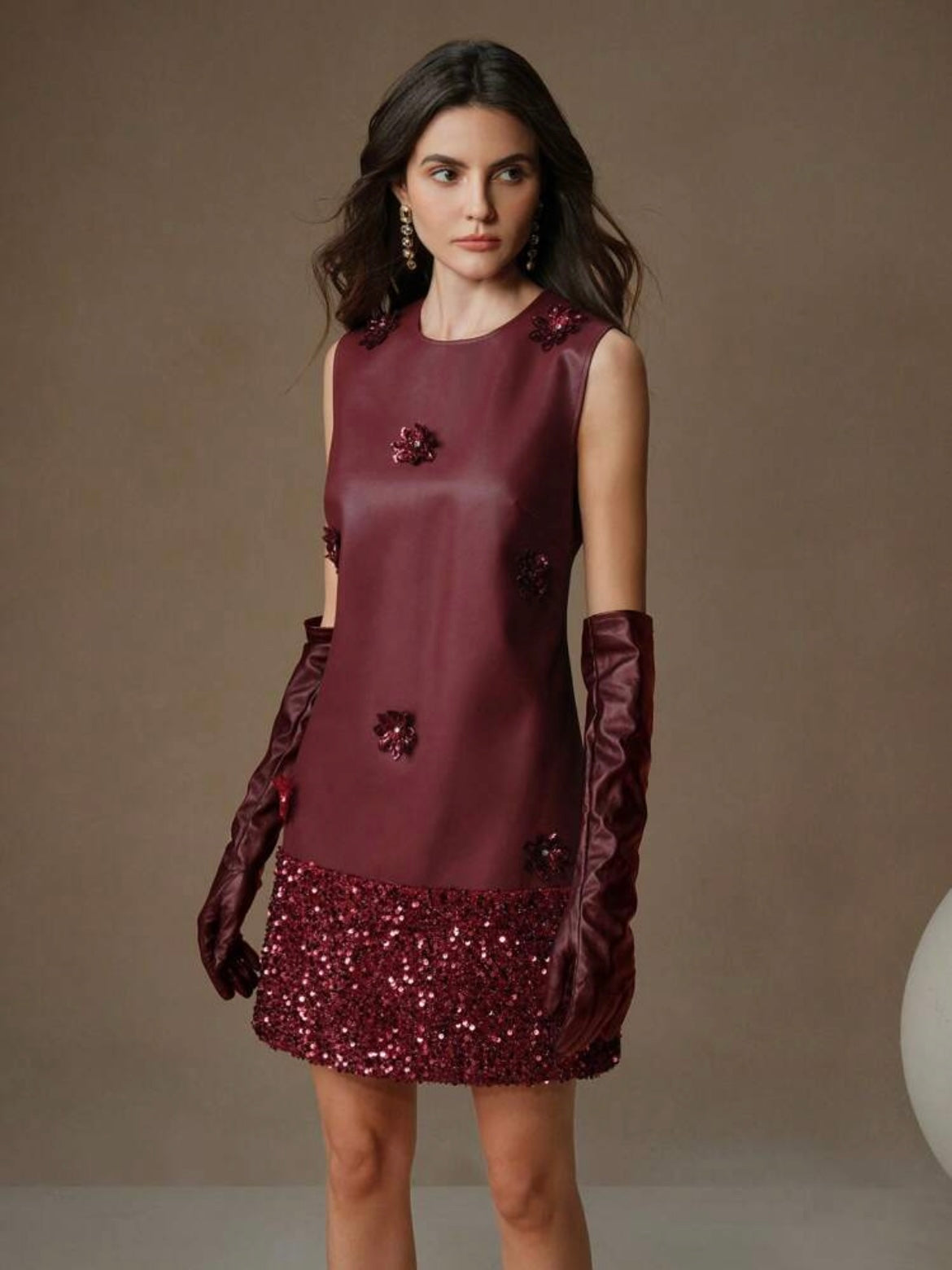 CM-DS187027 Women Elegant Seoul Style Sequin Panel Floral Lace Trim Round Neck Short PU Dress - Burgundy