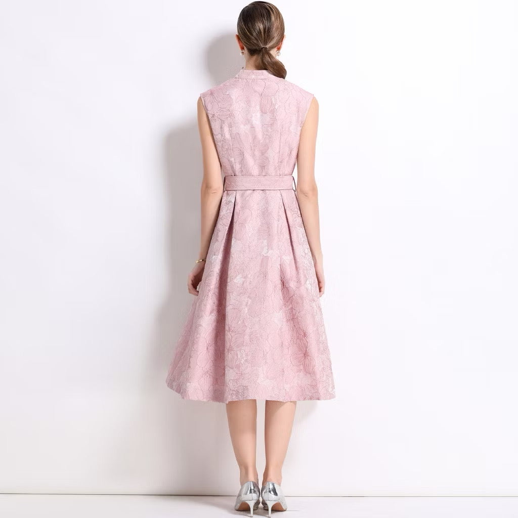 CM-DY054301 Women Elegant European Style Stand Collar Sleeveless Slim Mid-Length Dress - Pink