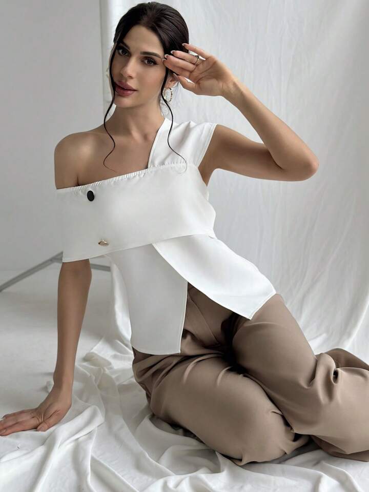 CM-TS624299 Women Casual Seoul Style Asymmetrical Neckline Metal Button Decorated Blouse