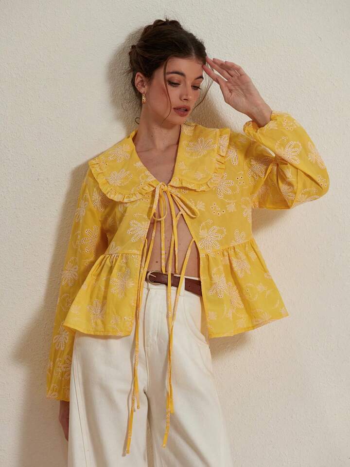 CM-TS711877 Women Casual Seoul Style Peter Pan Collar Tie-Up Bow Embroidered Long Sleeve Blouse