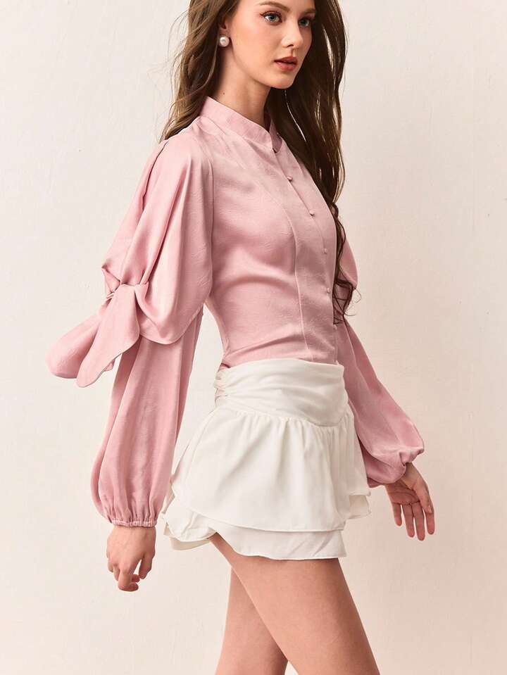 CM-TS111211 Women Elegant Seoul Style Satin Tie Front Long Puff Sleeve Oversized Blouse - Baby Pink
