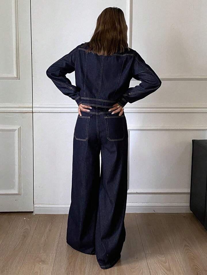 CM-SS534015 Women Elegant Seoul Style Collared Long Sleeve Jacket With Loose Fit Jeans - Set