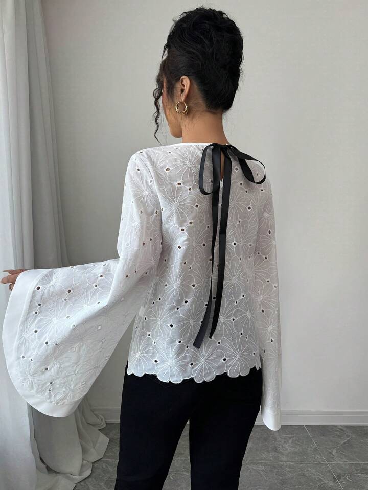 CM-TS905519 Women Casual Seoul Style Round Neck Exaggerated Flare Sleeve Embroidered Hollow Out Shirt