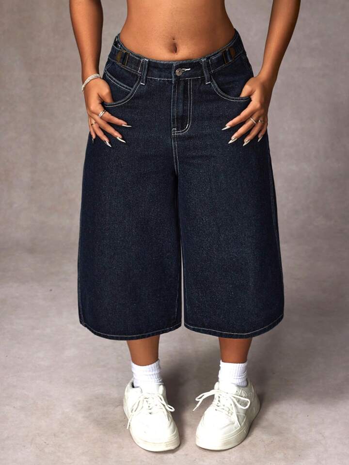 CM-BS097273 Women Casual Seoul Style Pocketed Wide Leg Loose Capri Denim Jeans - Blue