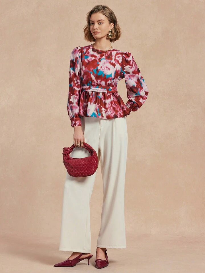 CM-TS023128 Women Casual Seoul Style Round Neck Long Sleeve Printed Peplum Top - Red