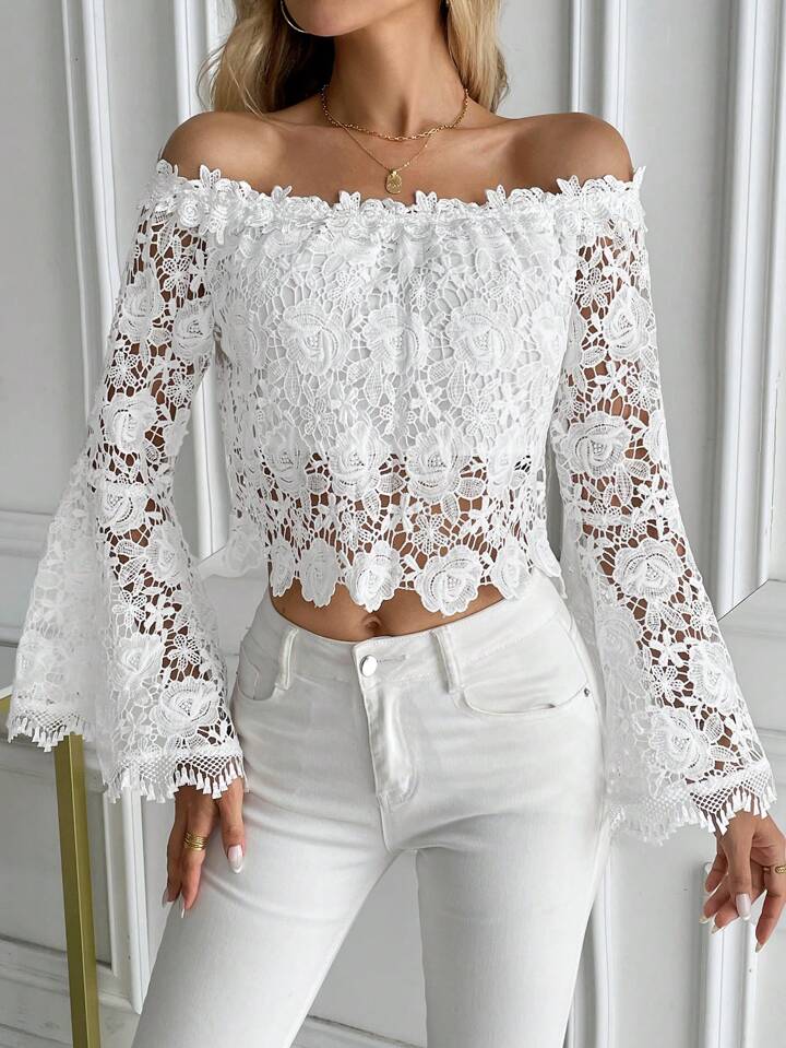 CM-TS501788 Women Elegant Seoul Style Solid Color Lace Off-Shoulder Flare Sleeve Cropped Blouse