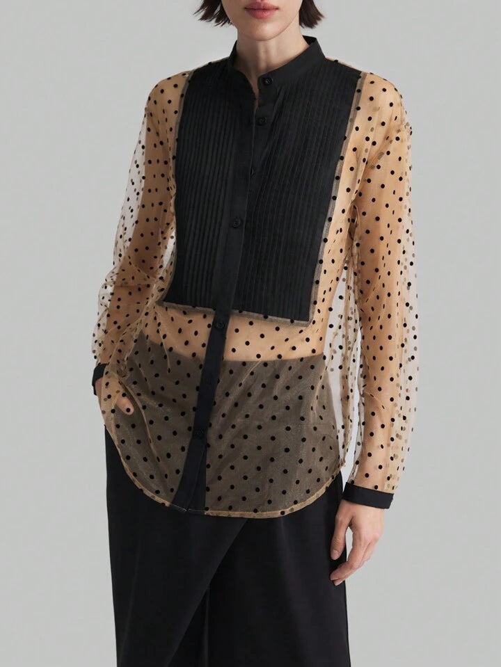 CM-TS897928 Women Elegant Seoul Style Dot Splicing Long Sleeve Semi-Sheer Blouse - Black