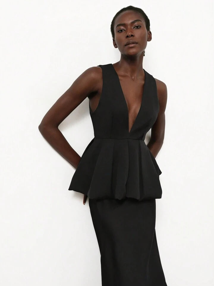 CM-TS127578 Women Elegant Seoul Style Deep V-NeckSleeveless Ruffle Hem Design Blouse - Black